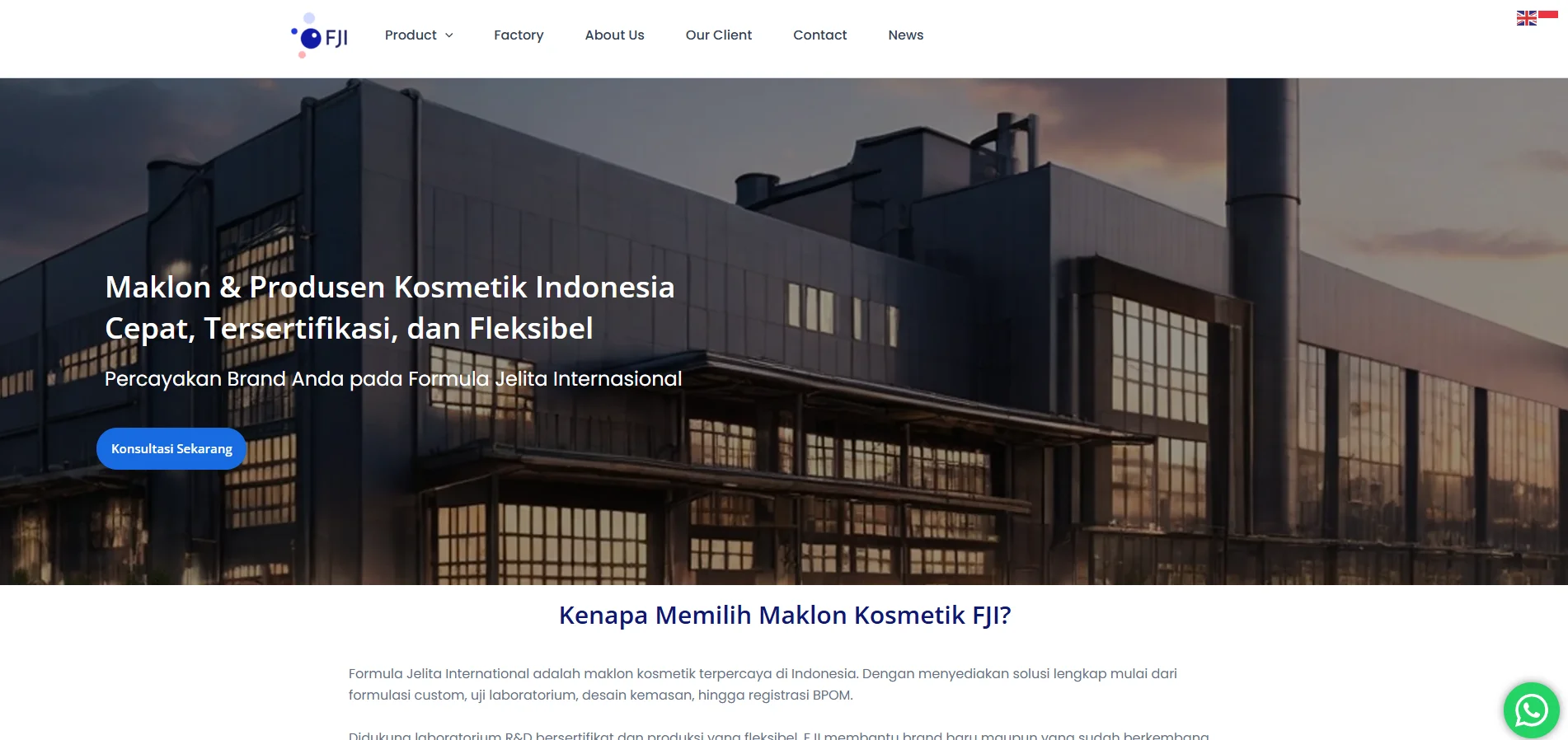 Homepage of FJI showcasing its role as a leading Indonesian cosmetics manufacturer with certifications and flexibility.
